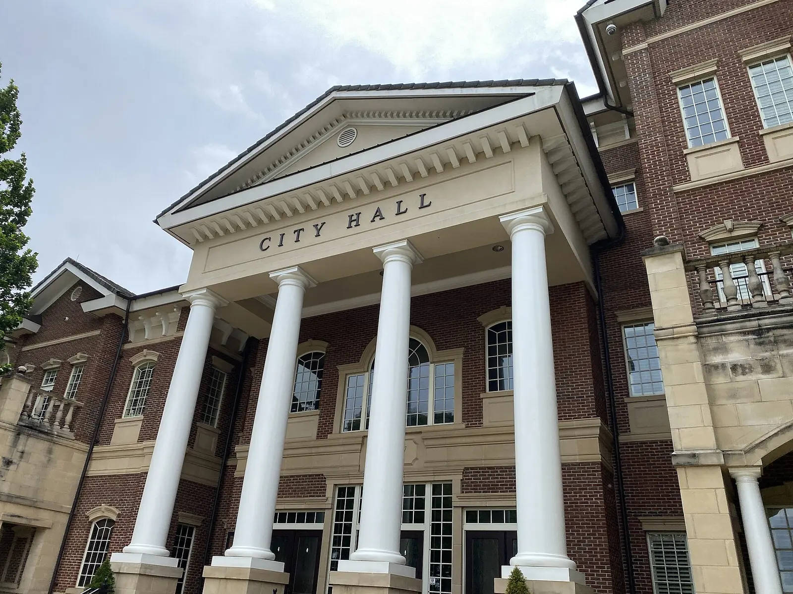 The columned entrance of Duluth City Hall on Main Street