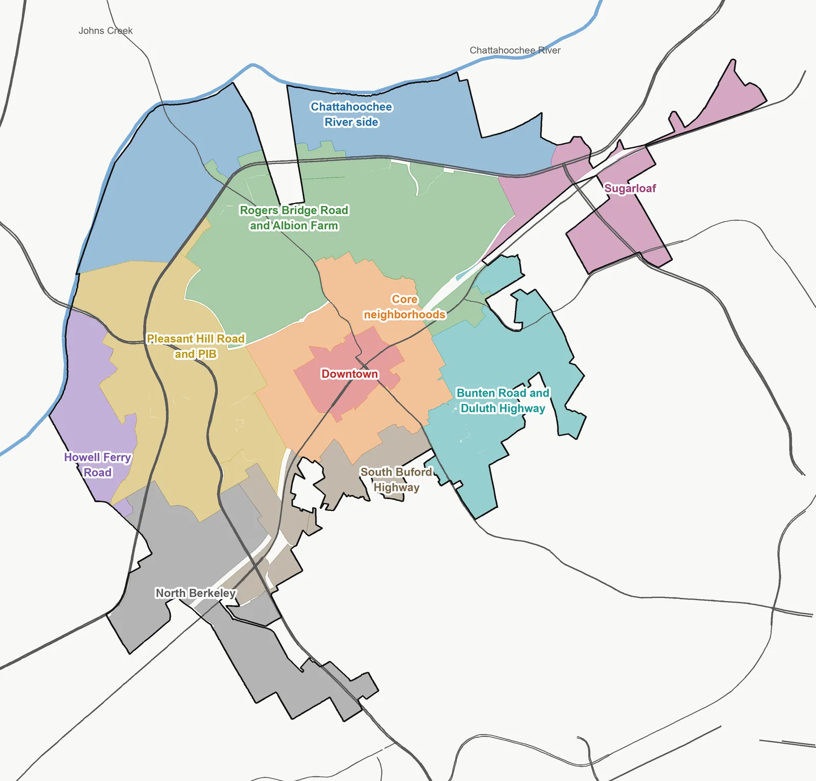 Map of Duluth divided into 10 colored areas: the Chattahoochee River side across the north along the river; Rogers Bridge Road and Albion Farm between Peachtree Industrial Boulevard and downtown; Sugarloaf at the northeast tip; downtown in the middle, ringed by the core neighborhoods; Bunten Road and Duluth Highway to the east; Pleasant Hill Road and Peachtree Industrial and Howell Ferry Road to the west; South Buford Highway and North Berkeley in the south