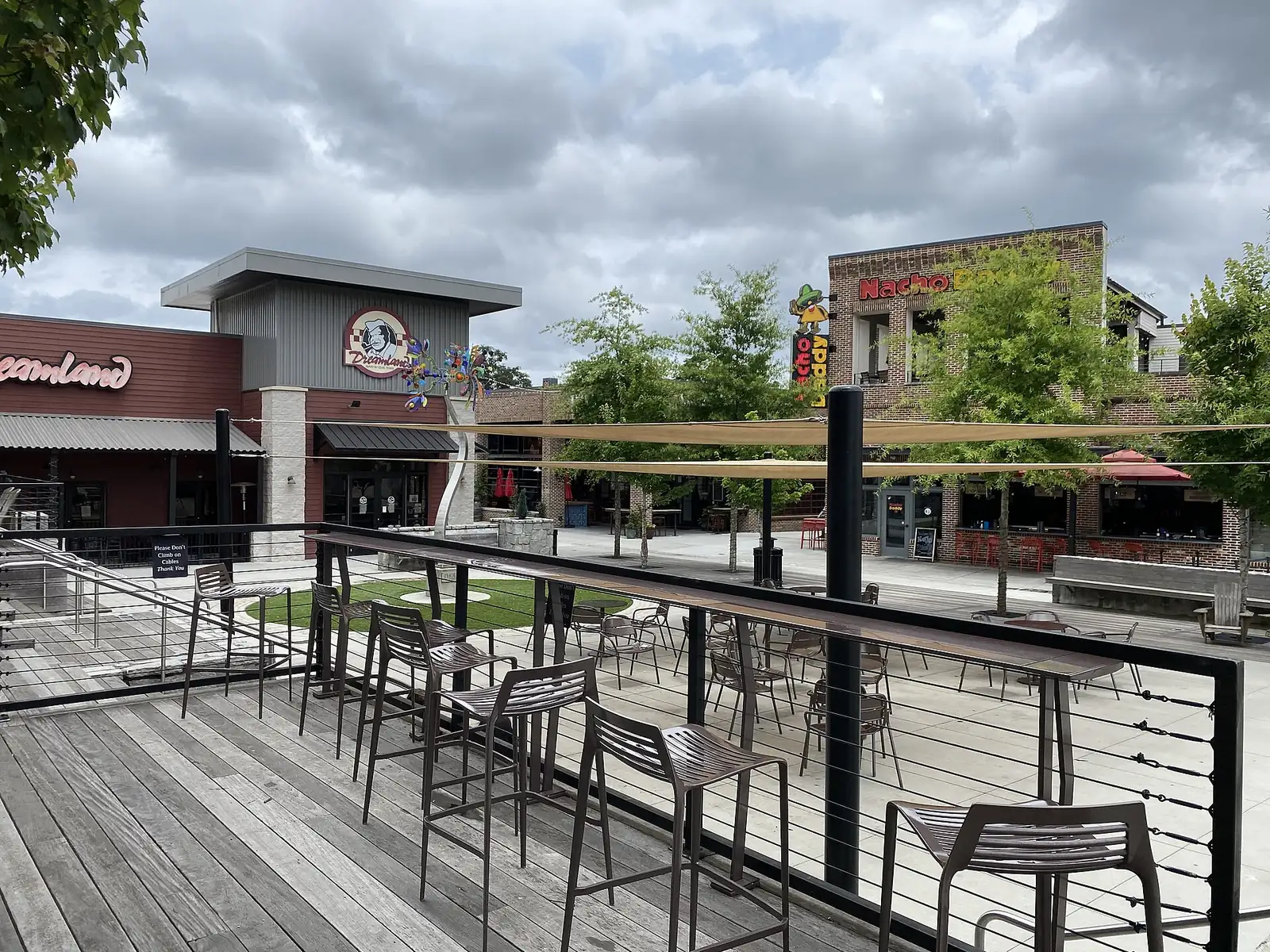 Restaurants and a raised patio in downtown Duluth