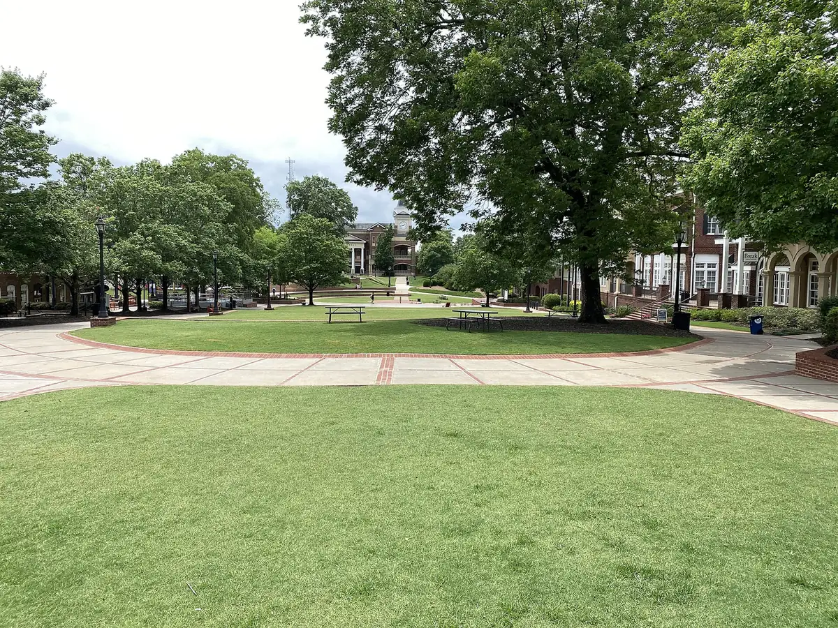 The Town Green in downtown Duluth, lined by brick buildings