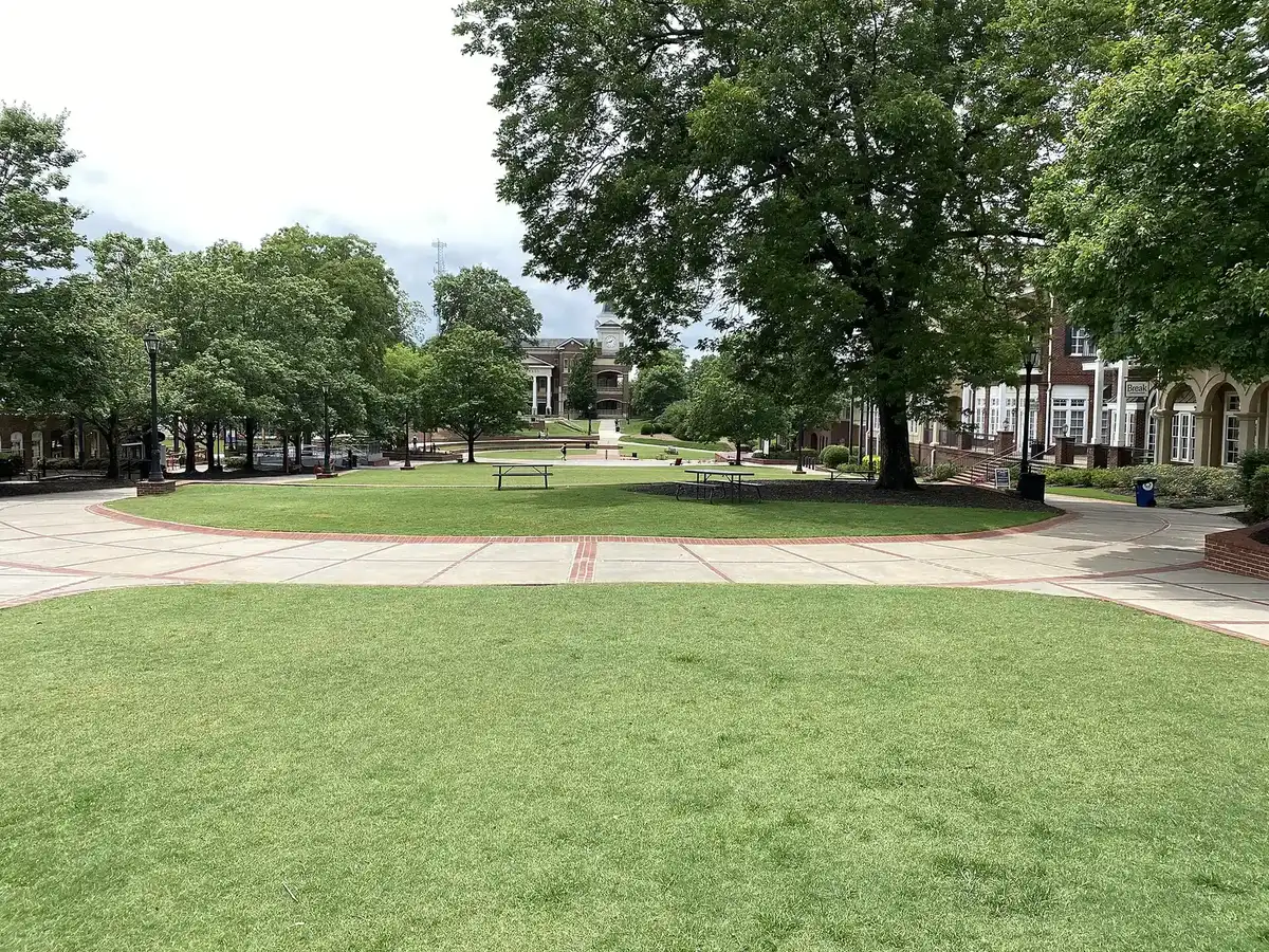 The lawn of the Duluth Town Green, lined with trees, in downtown Duluth