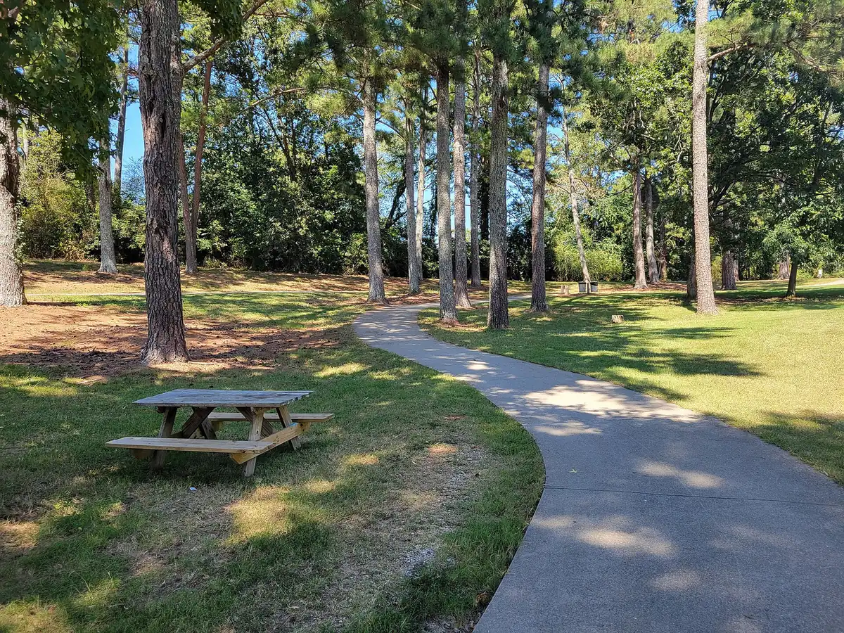 A paved path and picnic table under the pines at Shorty Howell Park in Duluth
