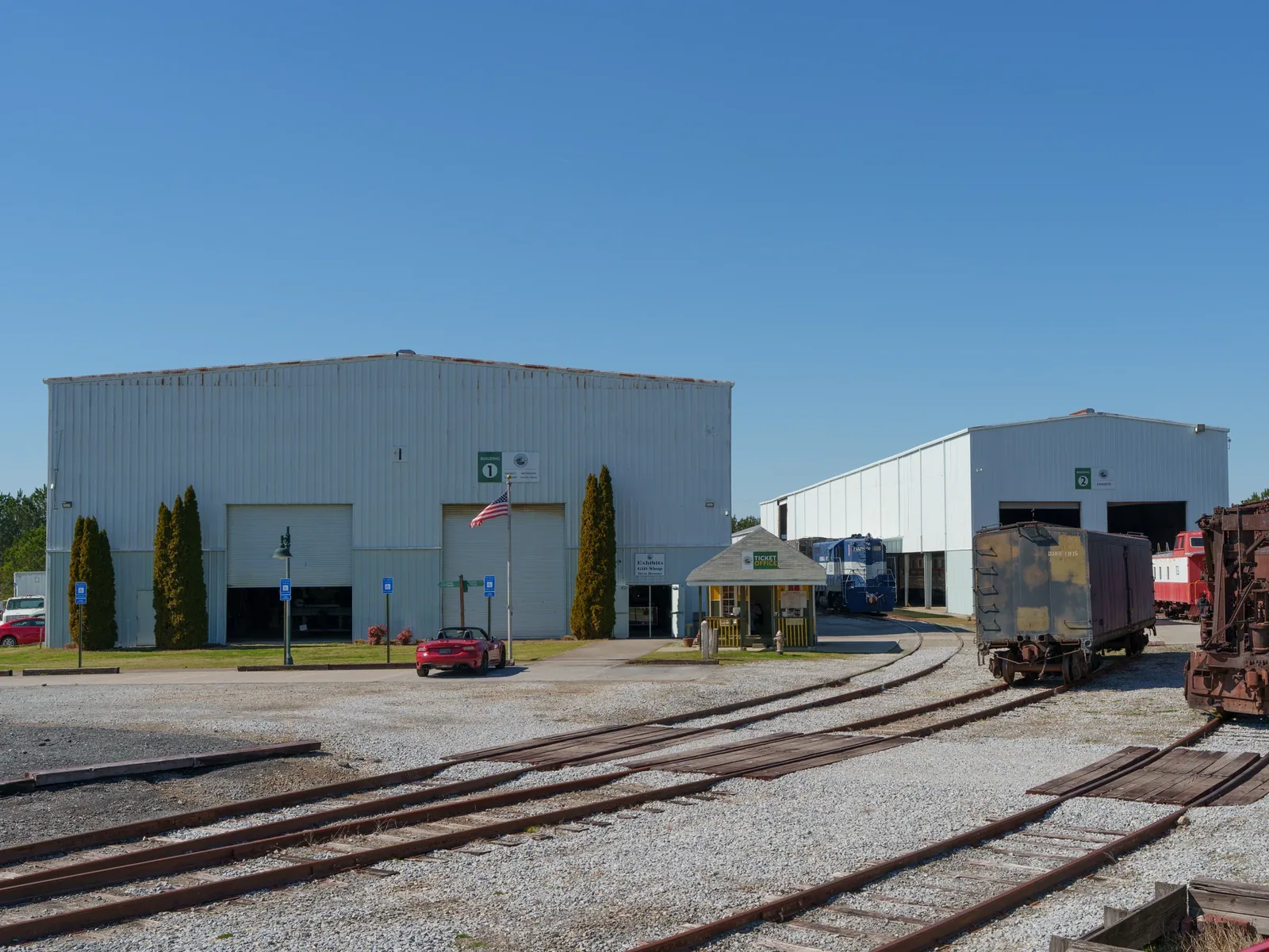 Exhibit buildings at the Southeastern Railway Museum in Duluth