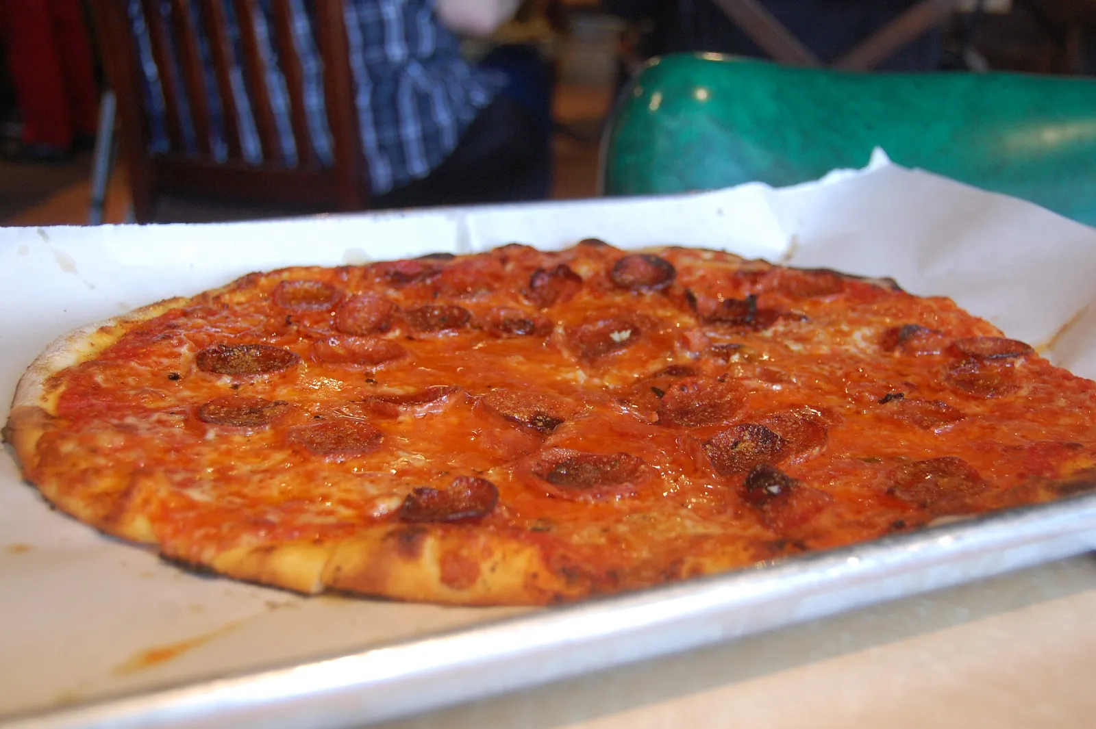 A pepperoni pizza. The photo was not taken at a Duluth restaurant.